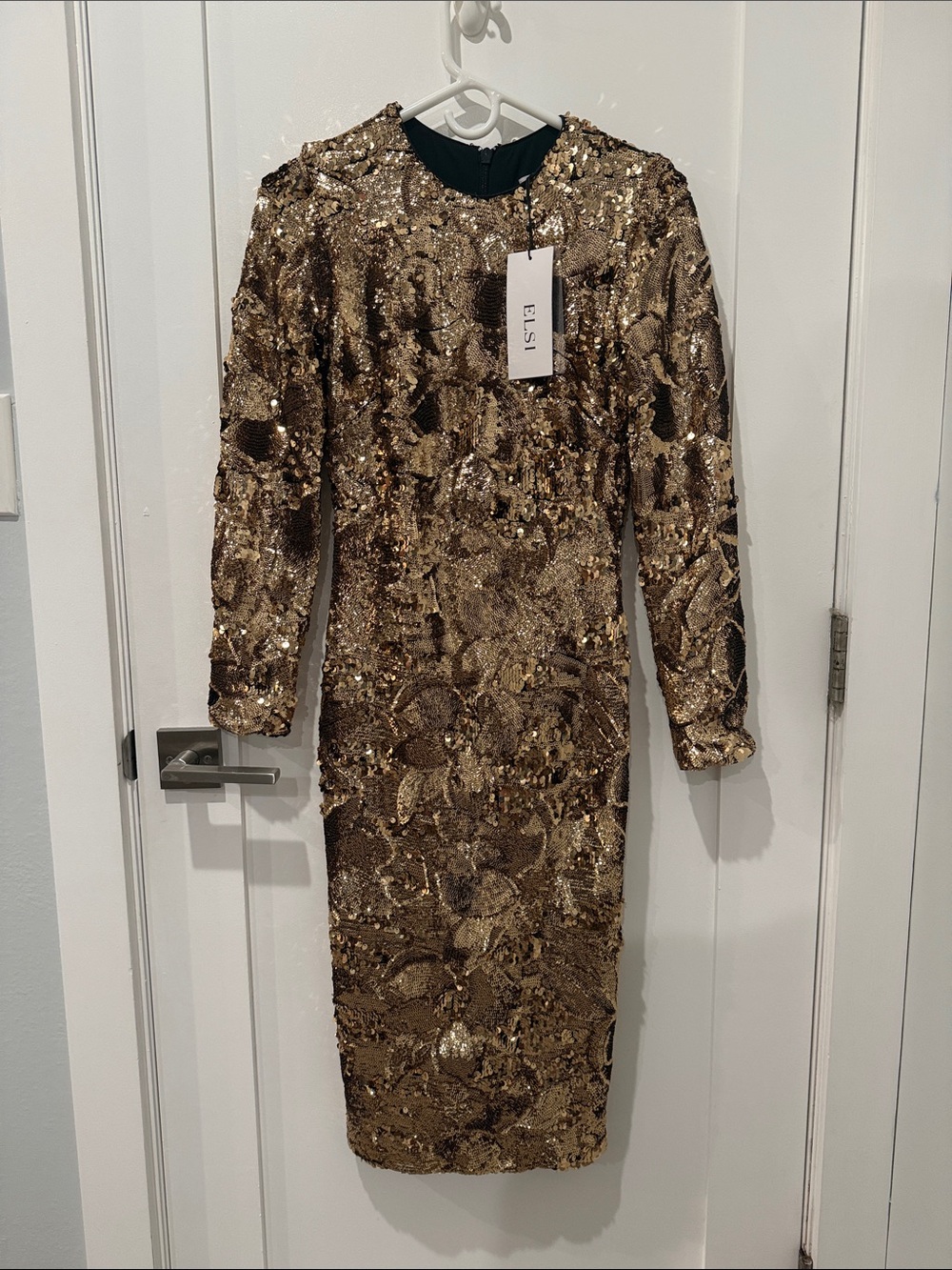 Gold Sequin Long-Sleeve Midi Dress by HELSI